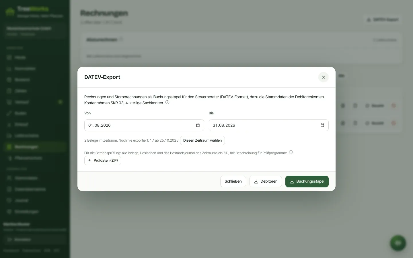 TreeWorks am Laptop: Dialog DATEV-Export mit Zeitraum, Buchungsstapel, Debitoren und Prüfdaten