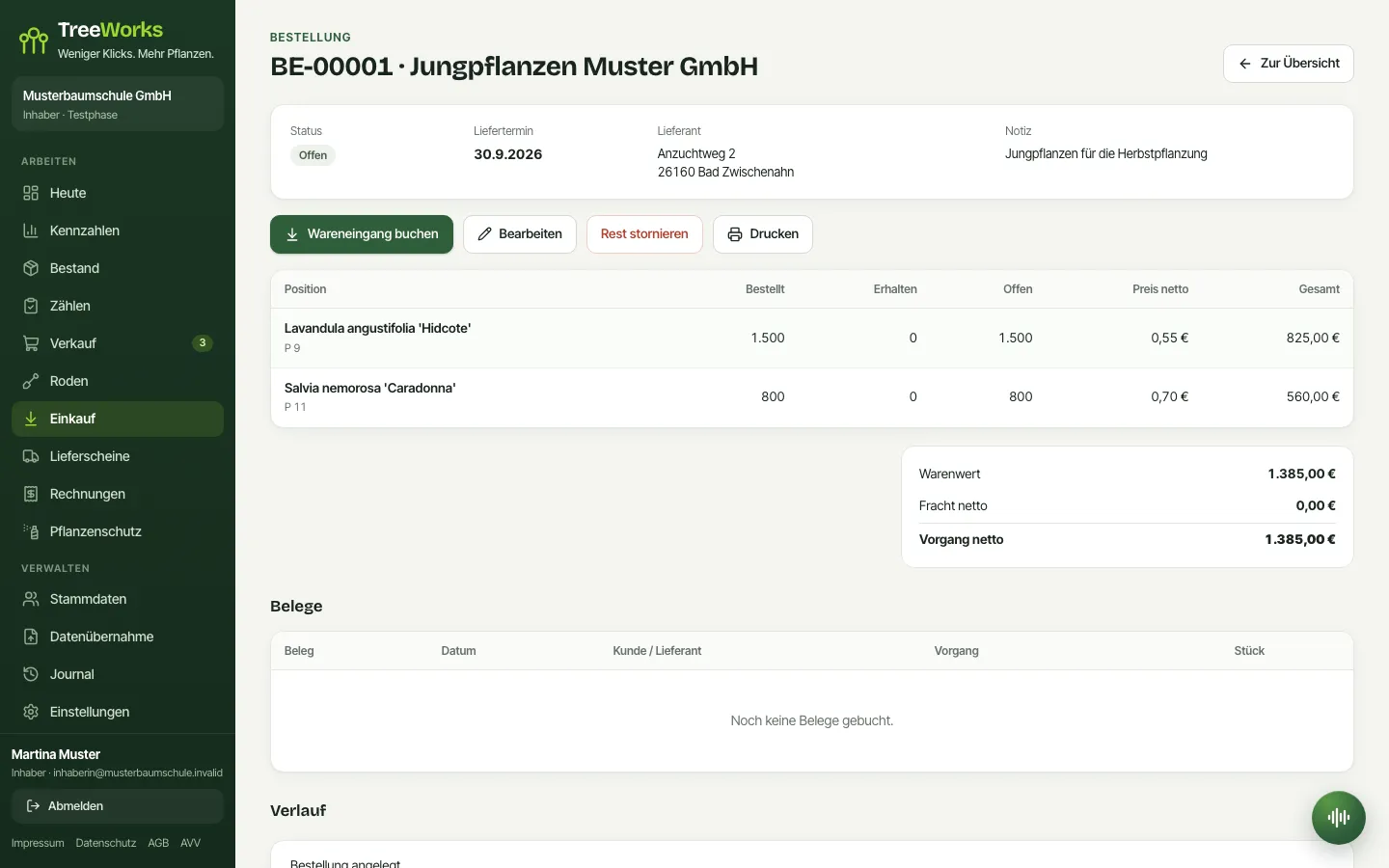 TreeWorks am Laptop: Bestellung bei einem Lieferanten mit offenen Mengen und dem Knopf Wareneingang buchen