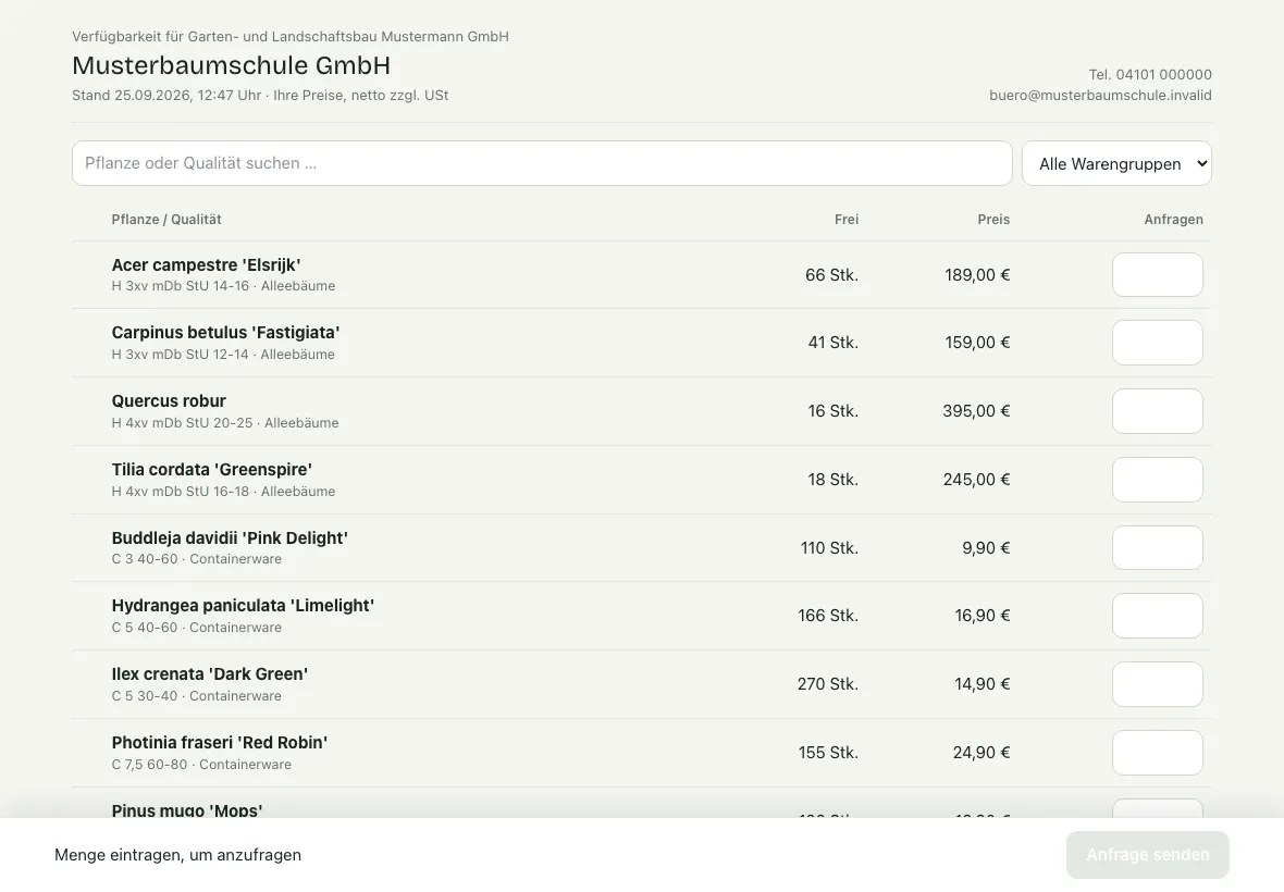 Verfügbarkeitsliste für einen Kunden auf dem Tablet: freie Menge, Preis und ein Feld für die Anfrage je Pflanze