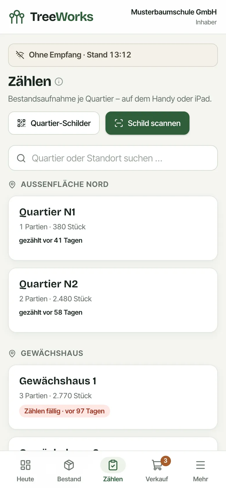 TreeWorks auf dem Handy mit dem Hinweis Ohne Empfang und dem letzten Stand