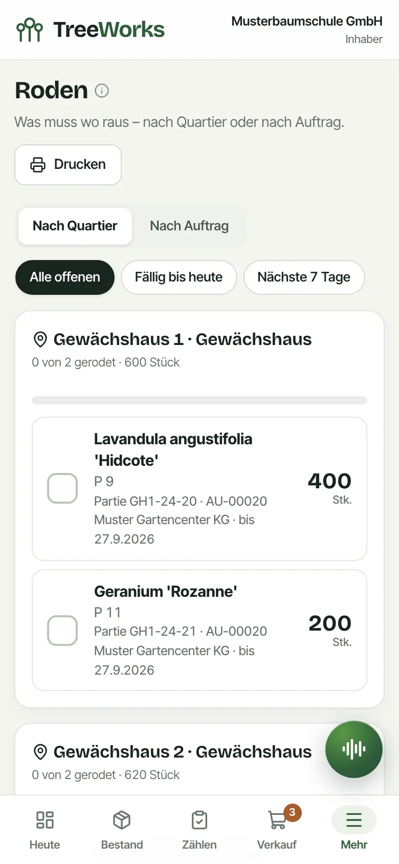 TreeWorks auf dem Handy: Rodeliste nach Quartier mit Partie, Auftrag, Kunde und Stückzahl